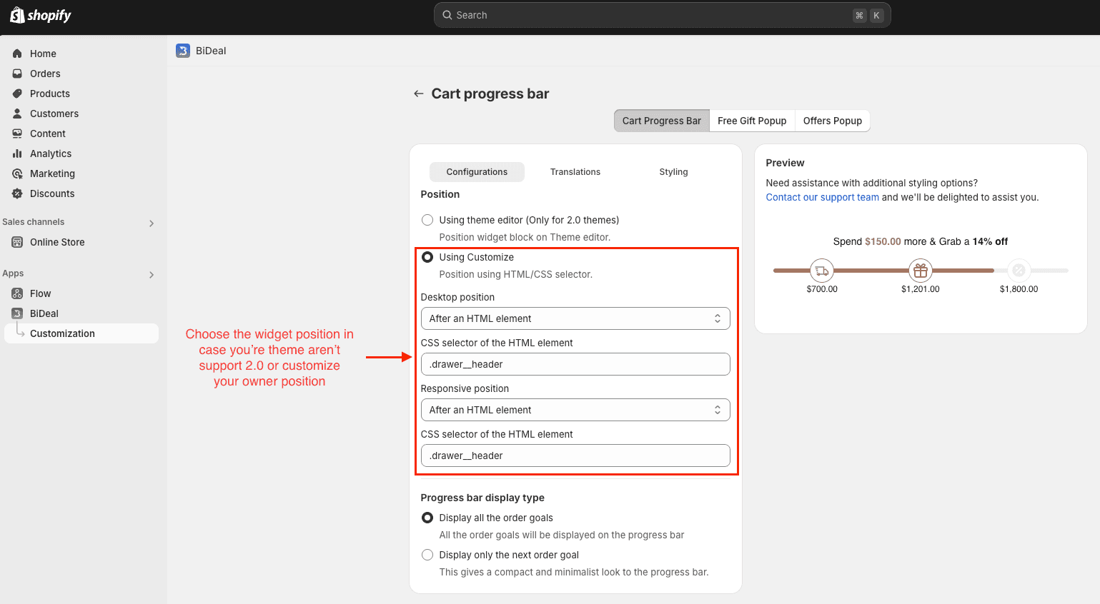 add cart progress bar widget by HTML id or class