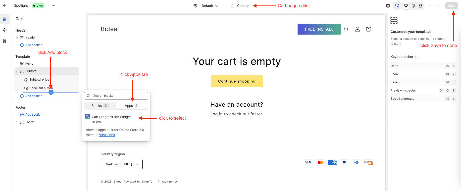 add cart progress bar widget in editor