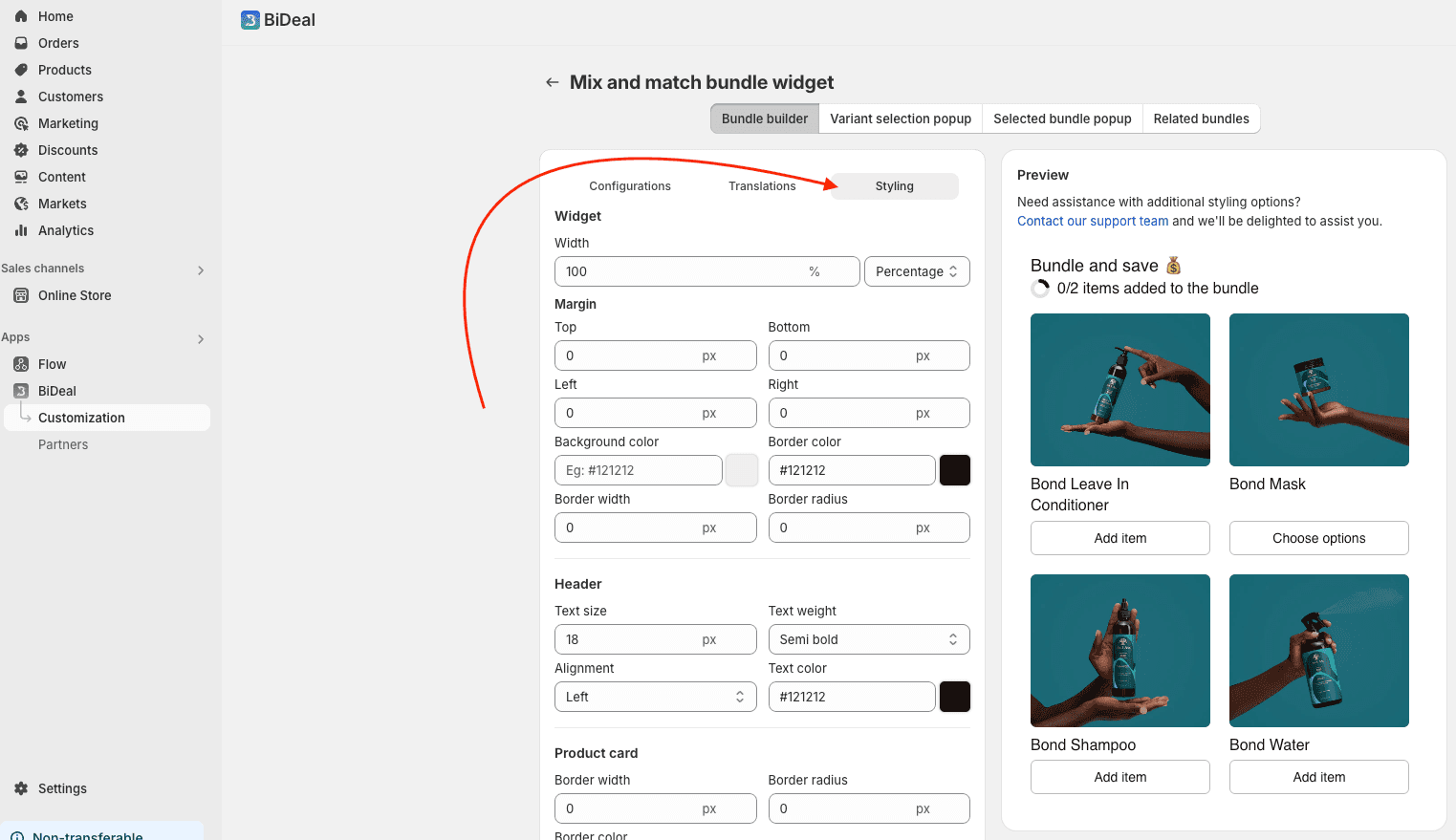 configure styling for bundle builder widget