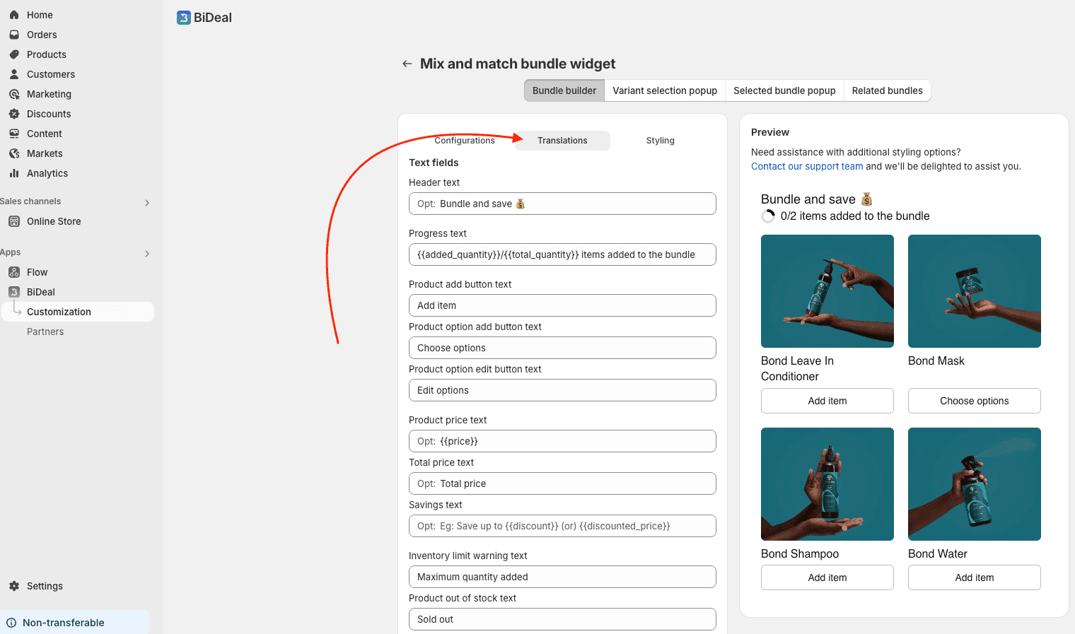 configure translation for bundle builder widget