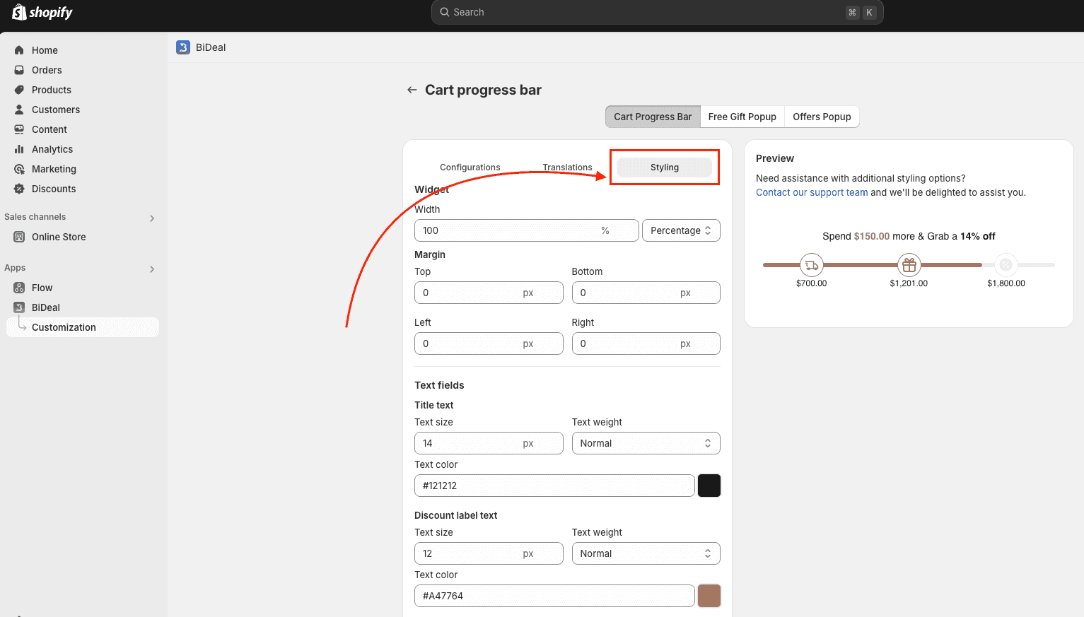 configure styling for cart progress bar widget