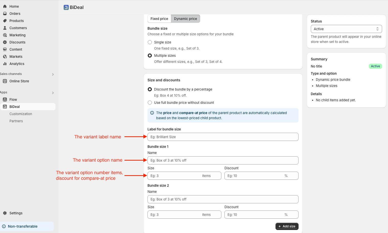 config multiple sizes bundle dynamic price