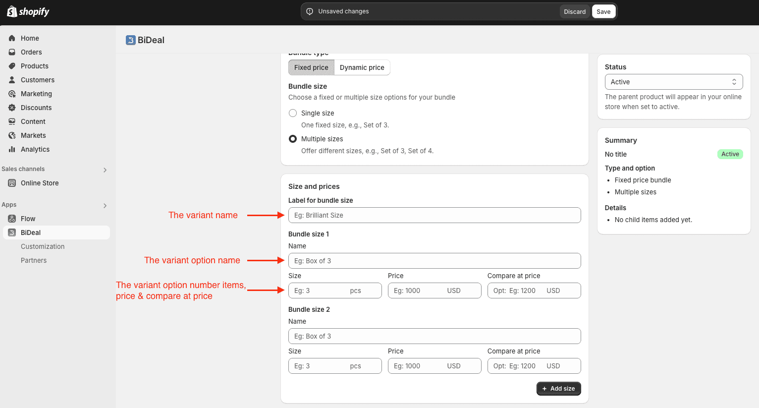 config multiple sizes bundle fixed price