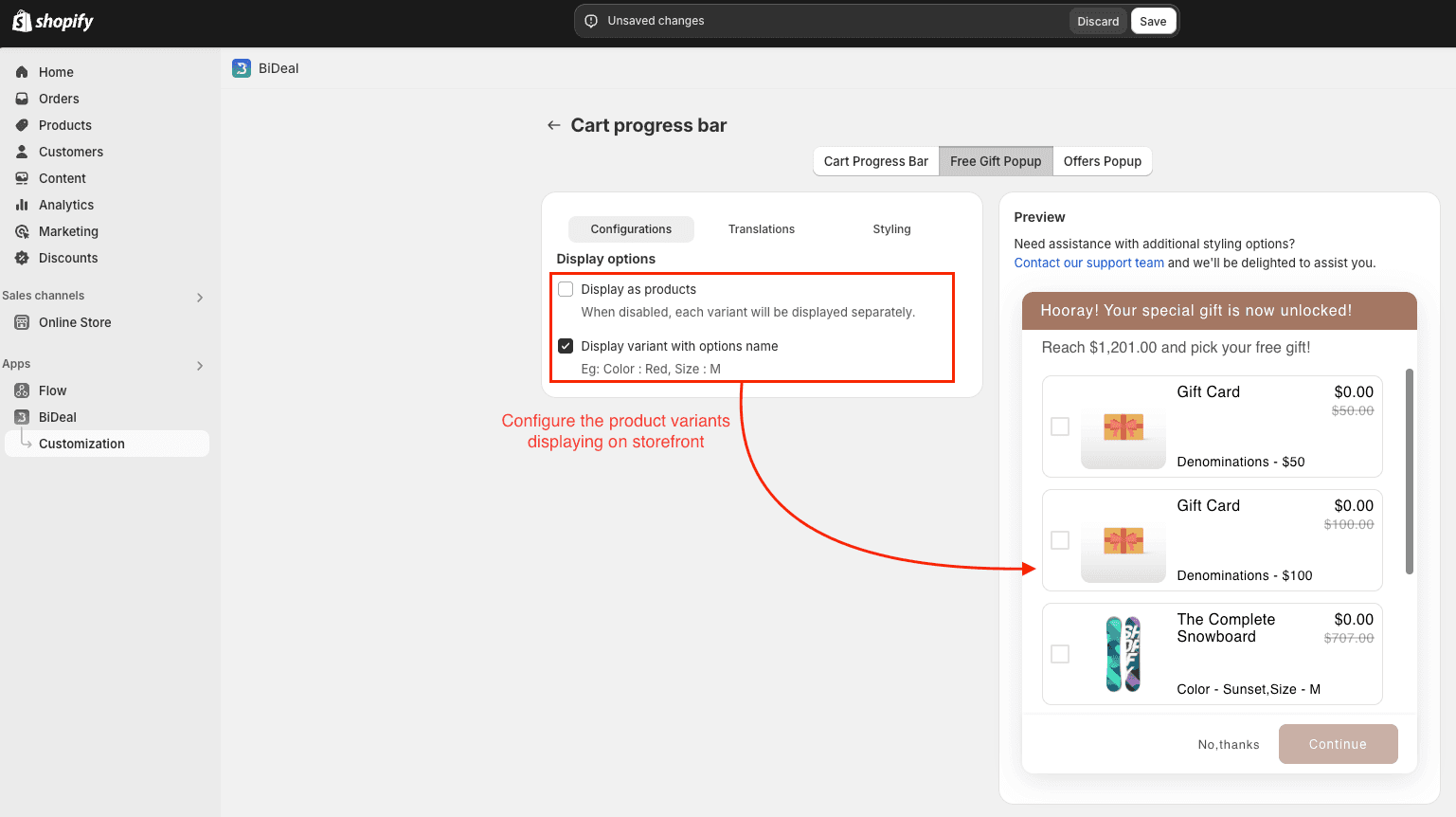 configure free gift popup