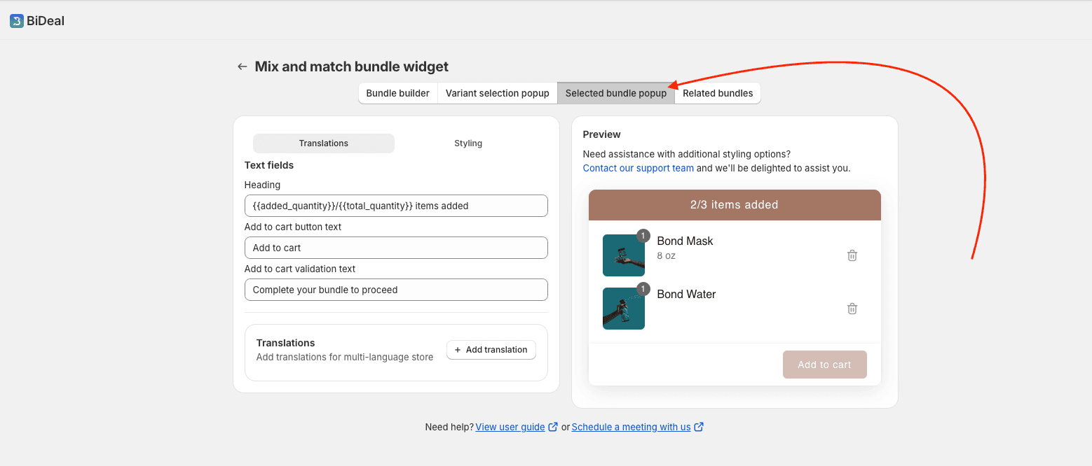configure selected bundle popup