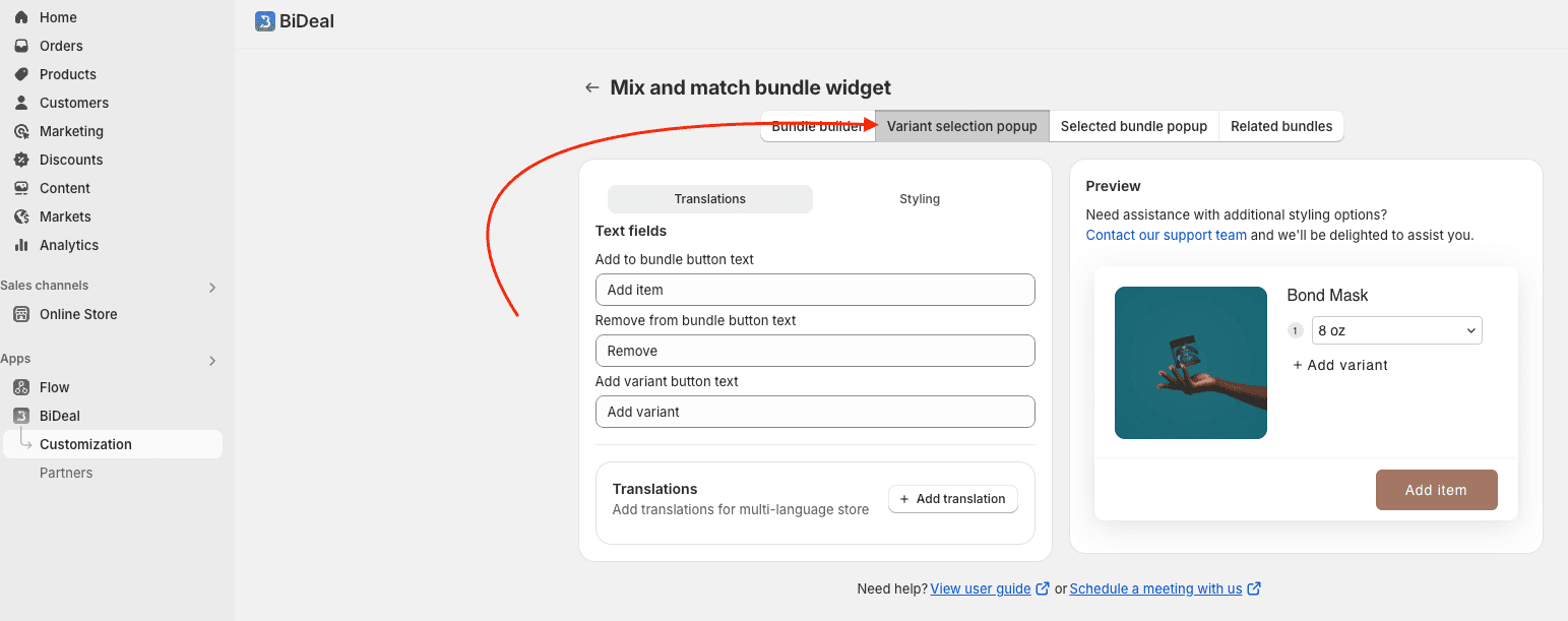 configure variant selection popup