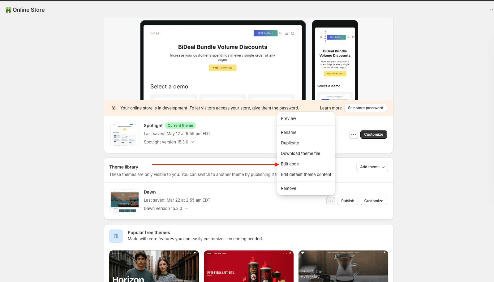 Access your theme code editor