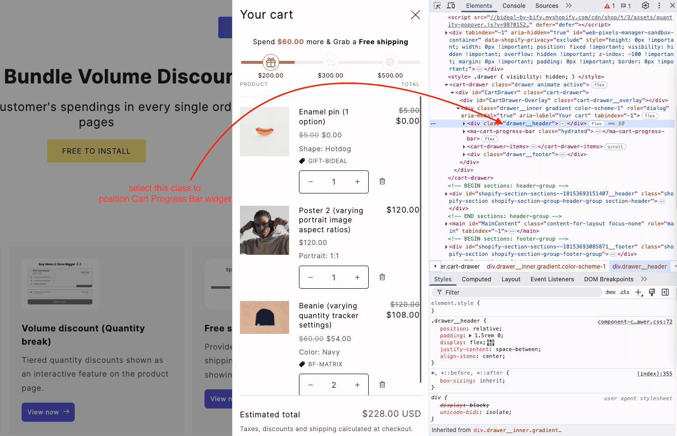 find cart progress bar widget HTML id or class