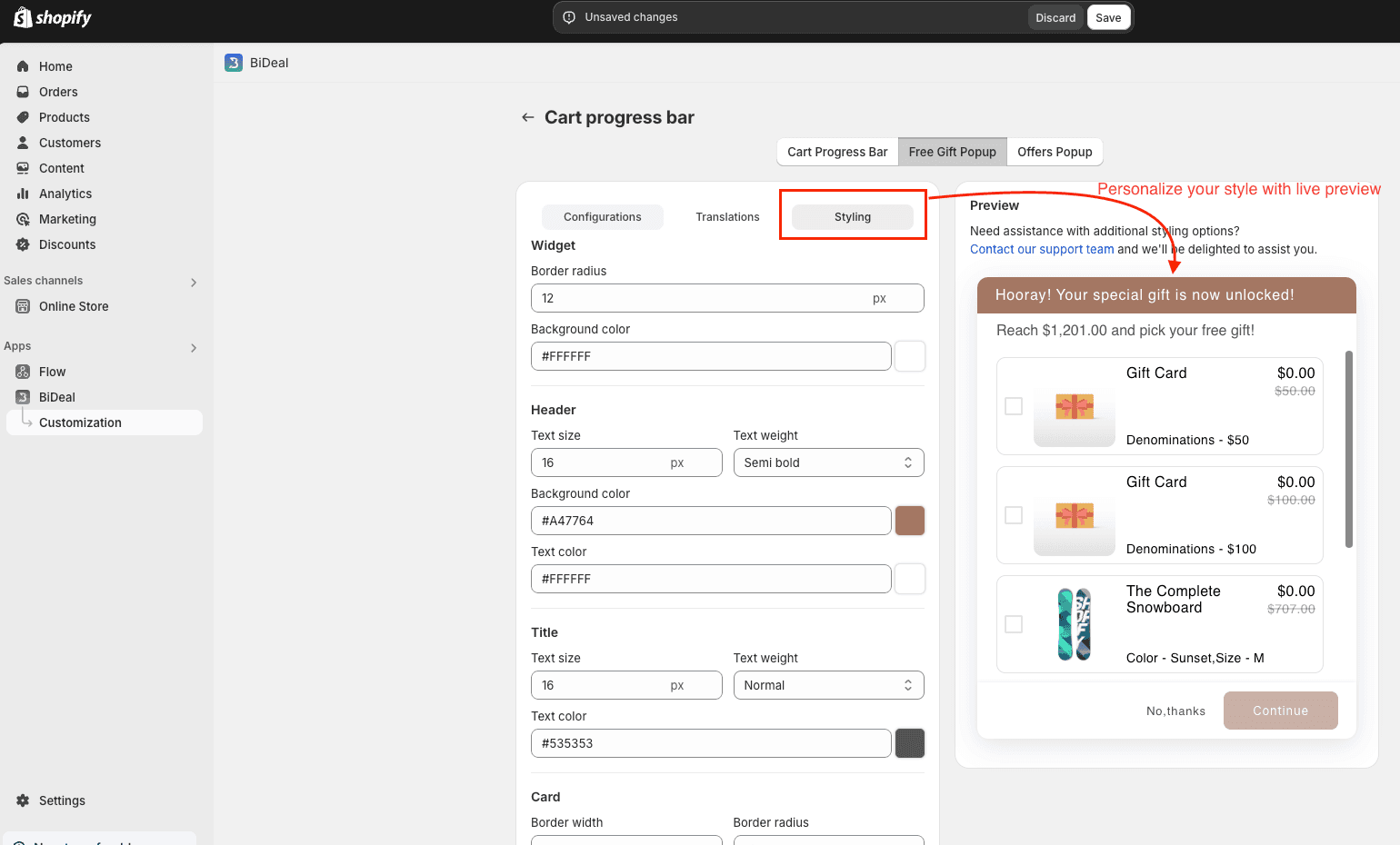 configure styling for free gift popup