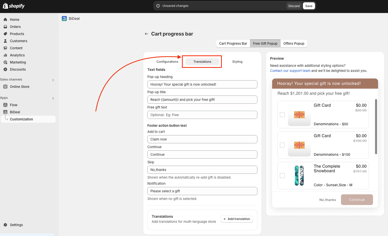 configure translation for free gift popup