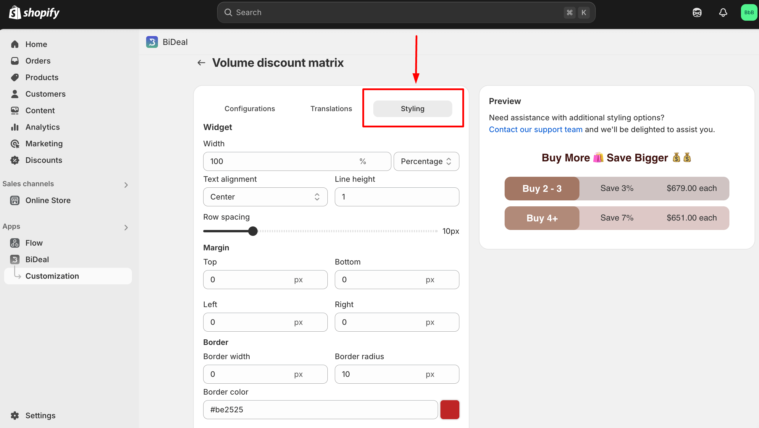 configure styling for matrix widget