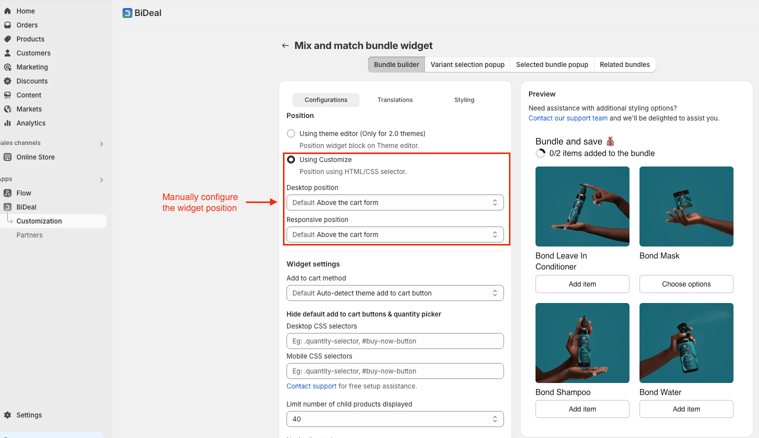 add bundle builder widget by HTML id or class