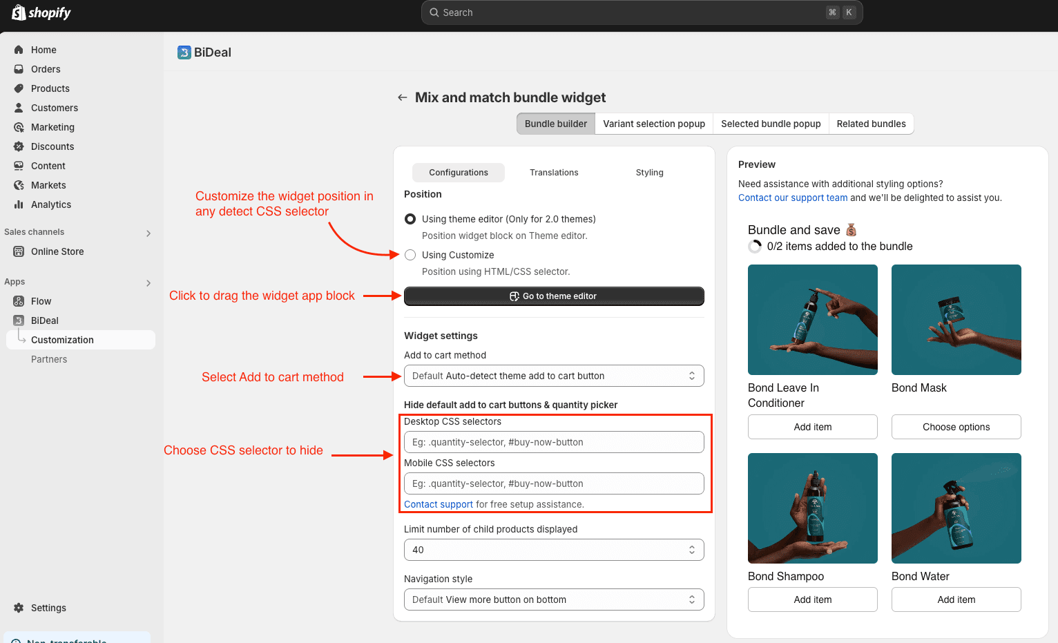 mix & match configure bundle position
