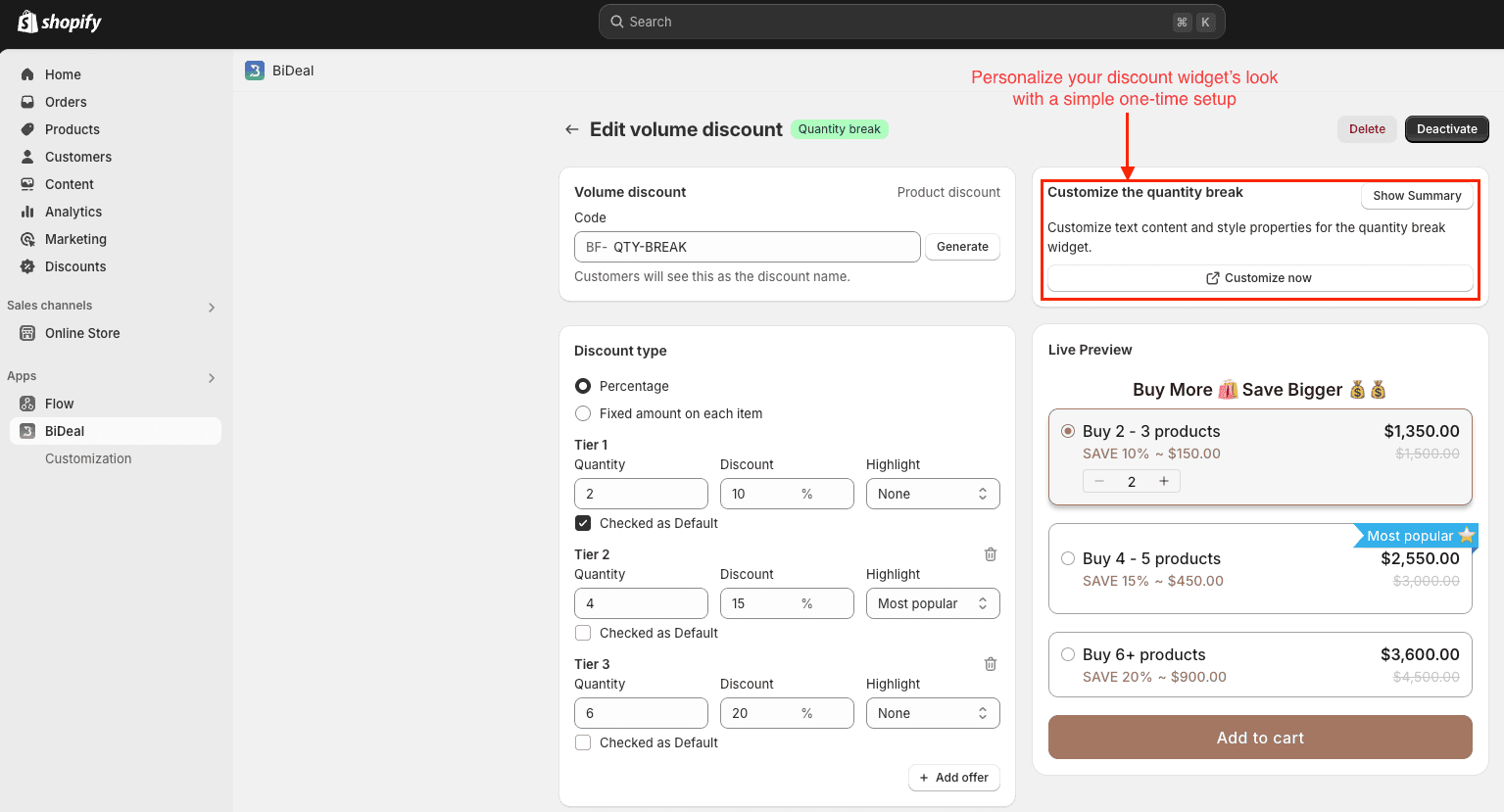 personalize styling quantity break widget