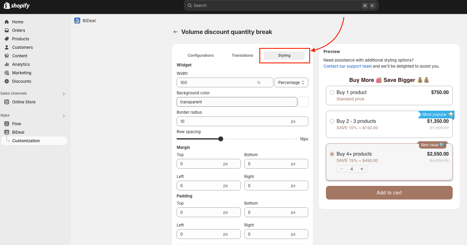 configure styling for quantity break widget
