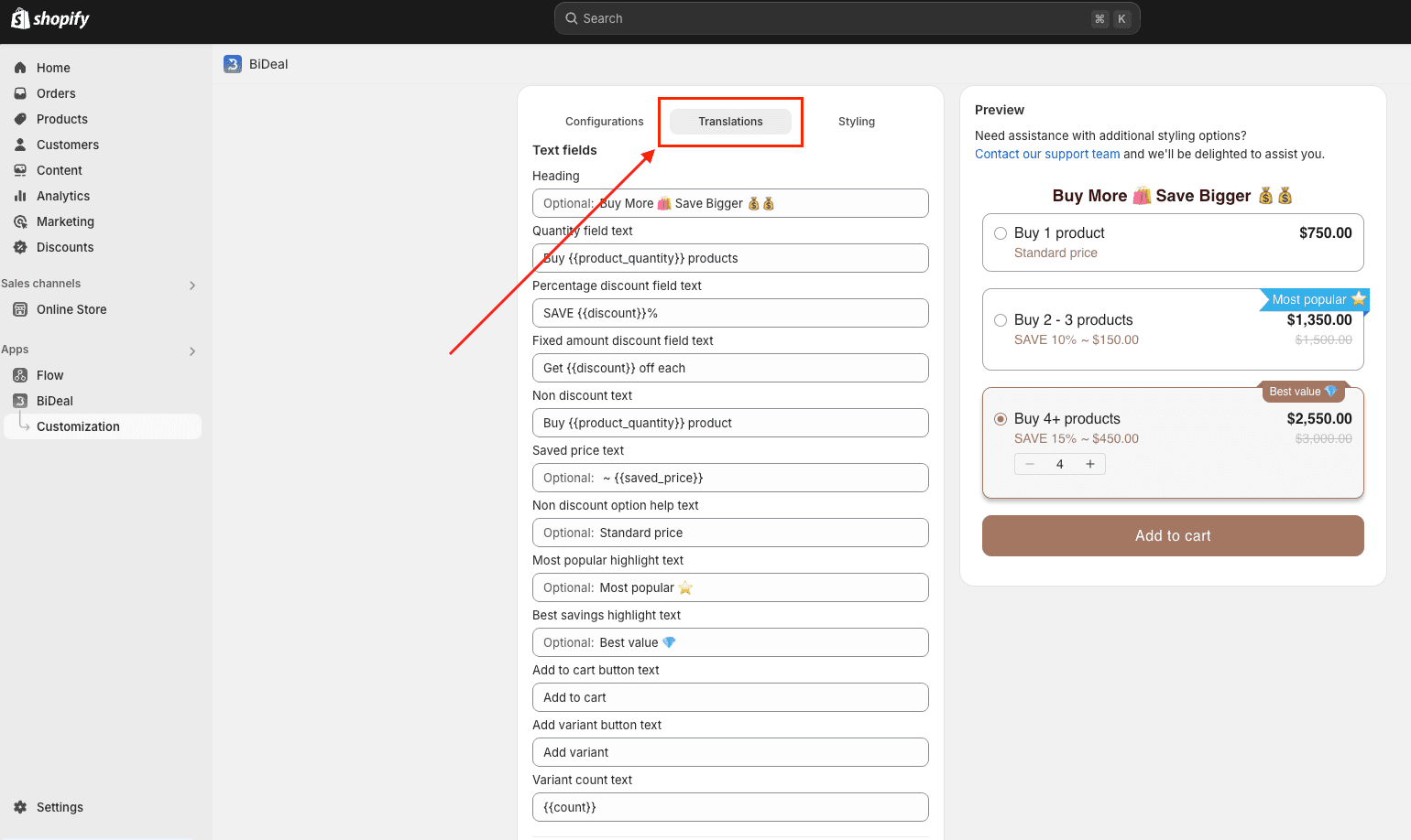configure translation for quantity break widget